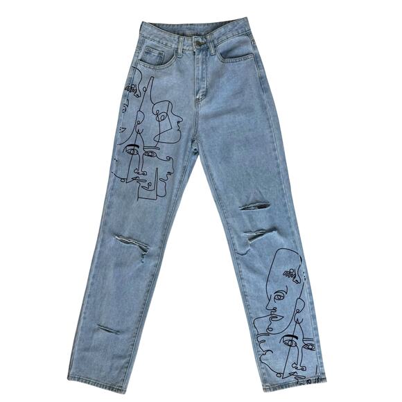 Distressed Faded Denim Mom Jeans Women 26" Waist Wide Leg High Rise Wearable Art - Picture 1 of 16
